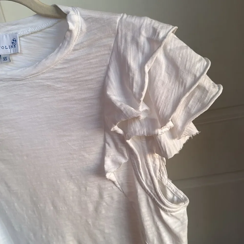 100% Ringspun Cotton Ruffle Cap Sleeve Shirt By Cartolina - Picture 5 of 6